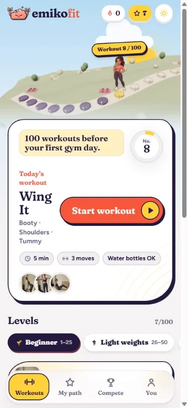 The real workout home screen in Emiko: 10 mins Health and Fitness